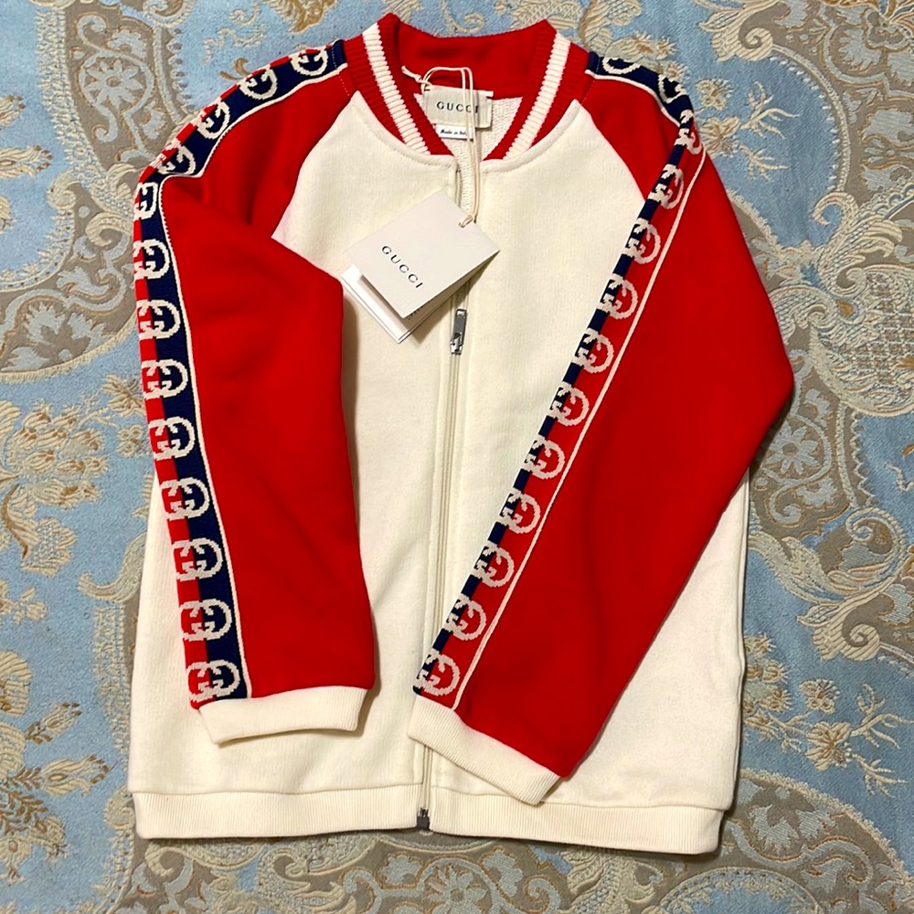 Authentic Gucci GG Stripe Jacket in Off White Red Navy Toddler/Baby